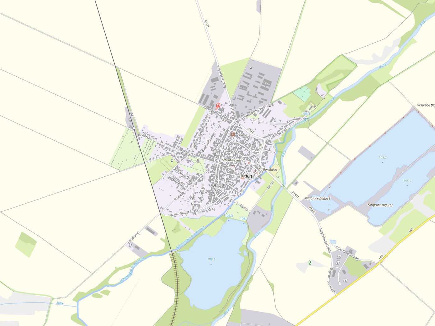 Kartenausschnitt Ditfurt mit Gewässern