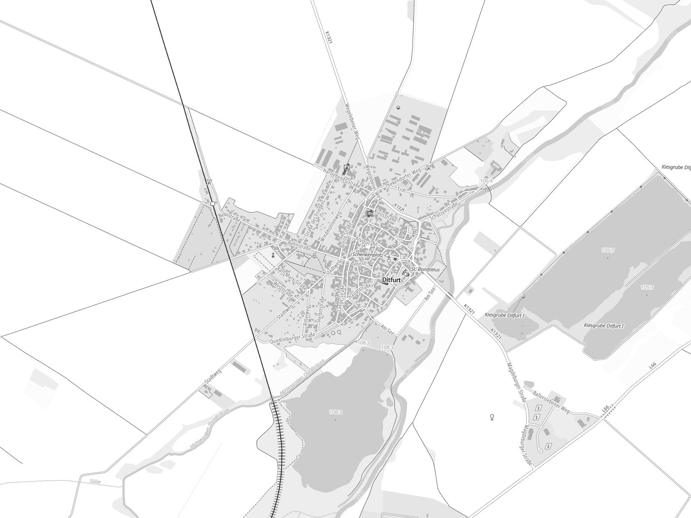 Kartenausschnitt Ditfurt mit Gewässern