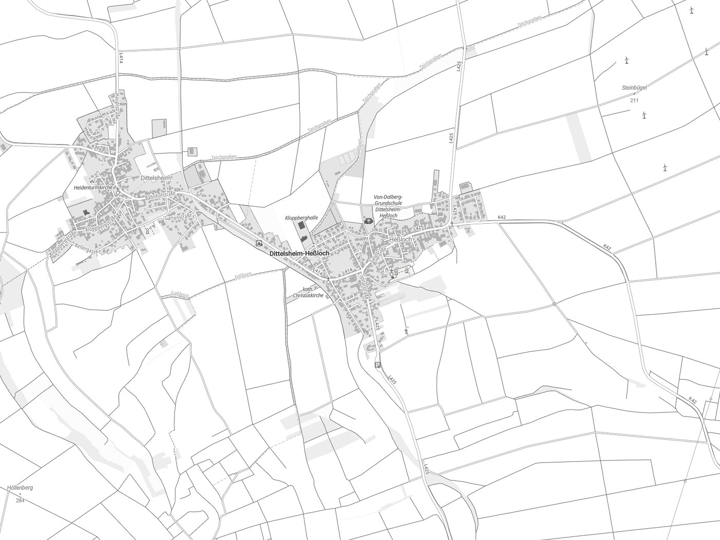 Kartenausschnitt Dittelsheim-Heßloch mit Gewässern