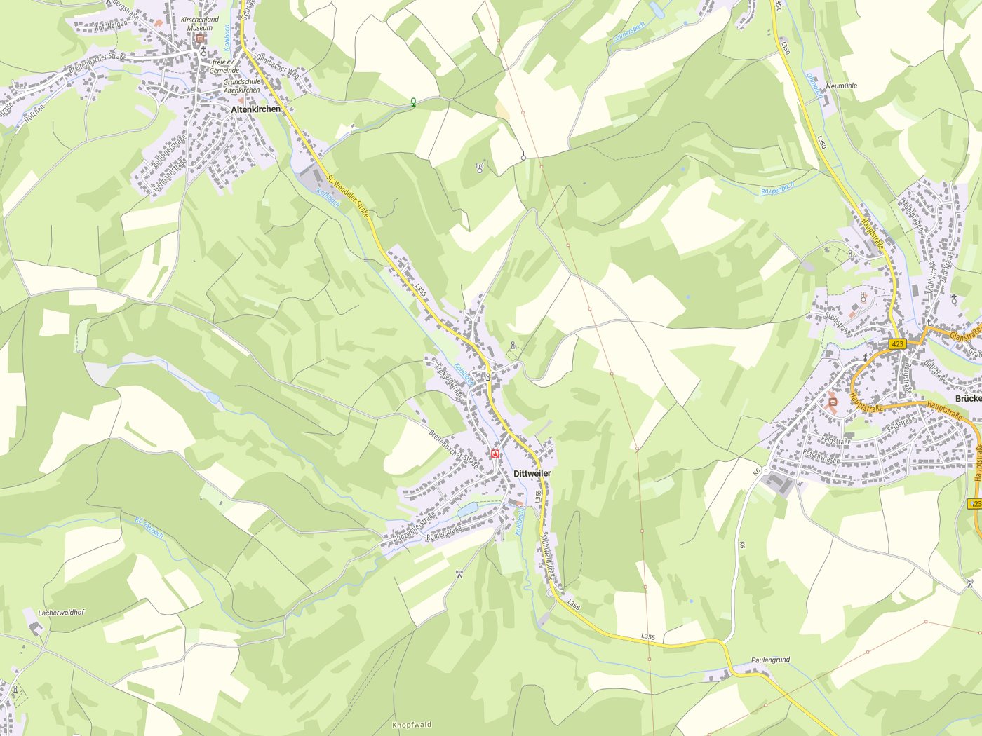 Kartenausschnitt Dittweiler mit Gewässern