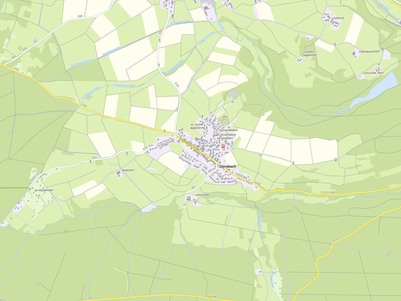 Kartenausschnitt Dörrebach mit Gewässern