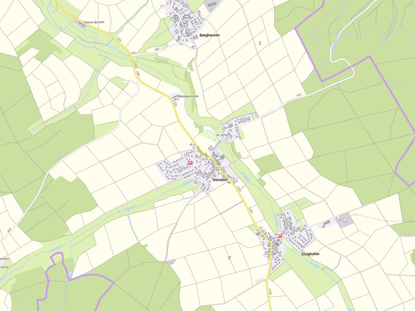 Kartenausschnitt Dörsdorf mit Gewässern