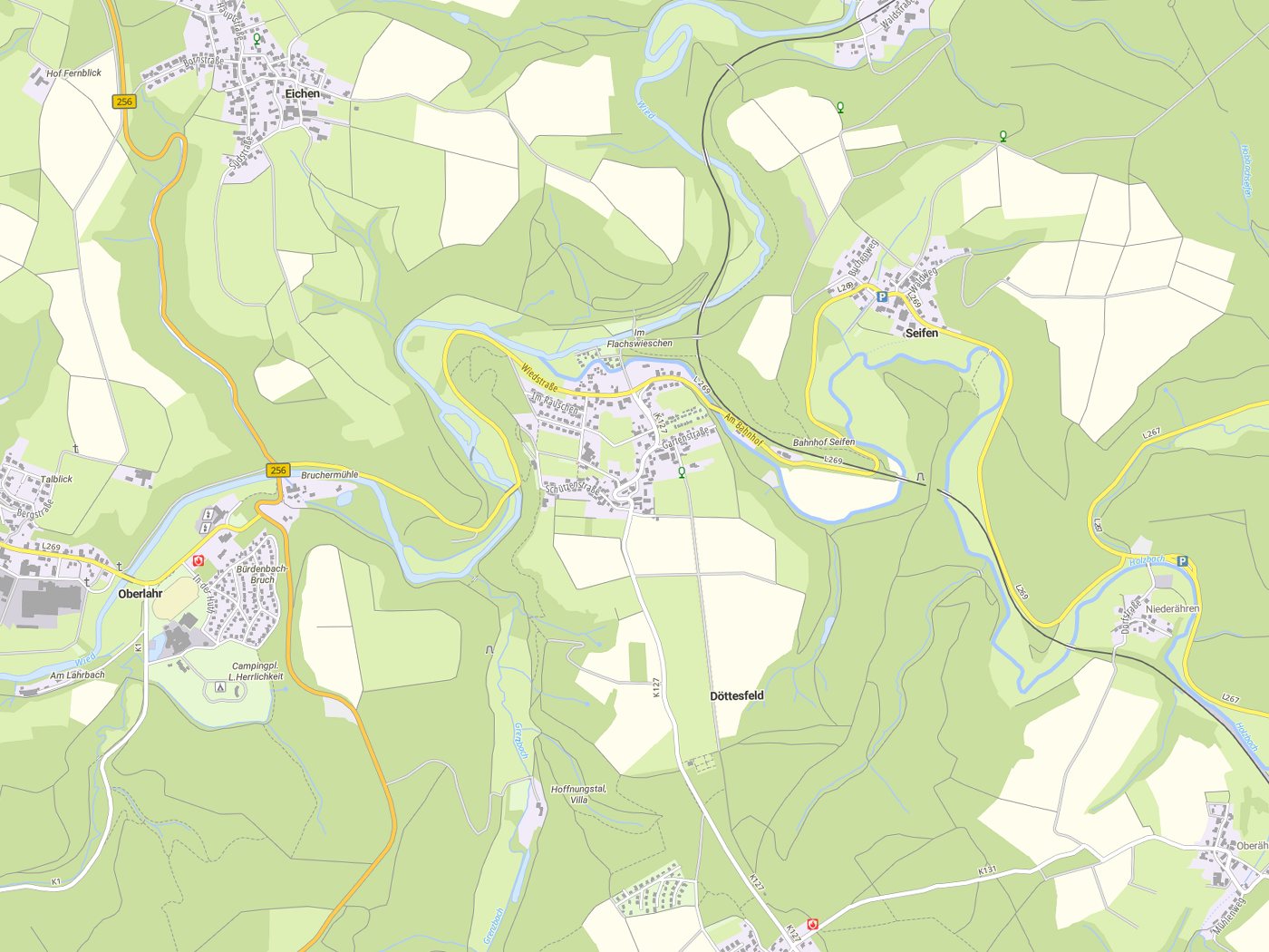 Kartenausschnitt Döttesfeld mit Gewässern