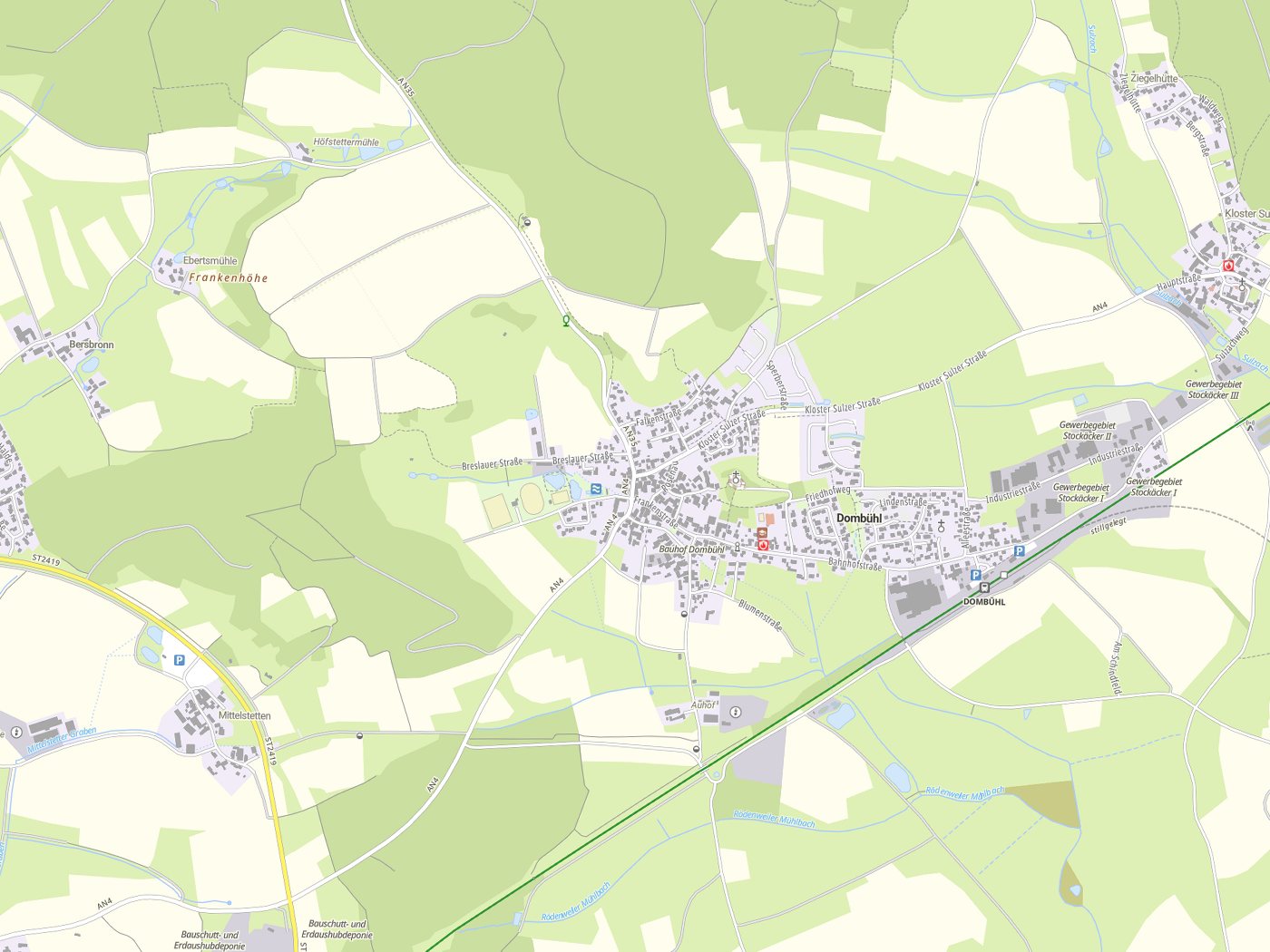 Kartenausschnitt Dombühl mit Gewässern