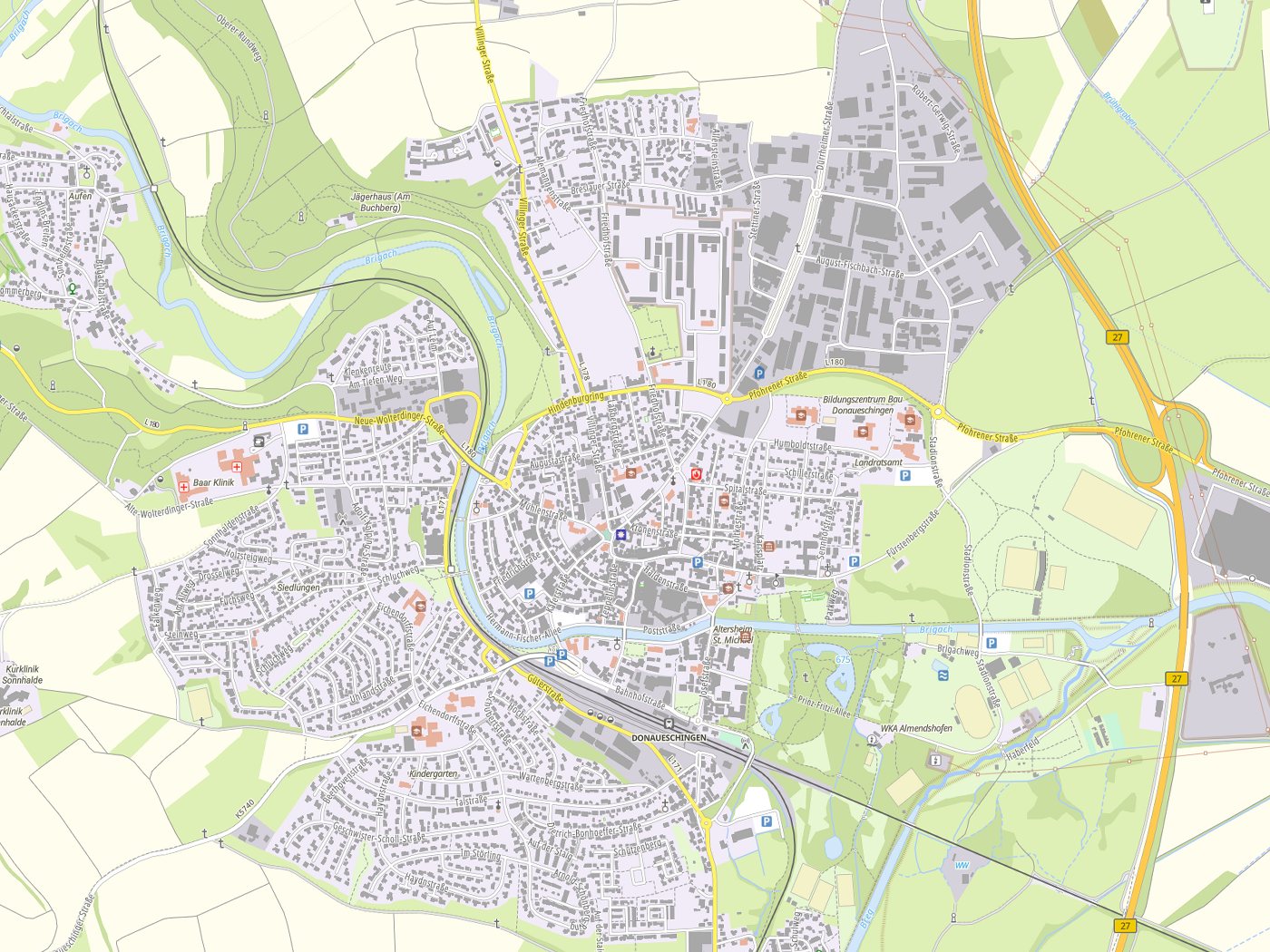 Kartenausschnitt Donaueschingen mit Gewässern