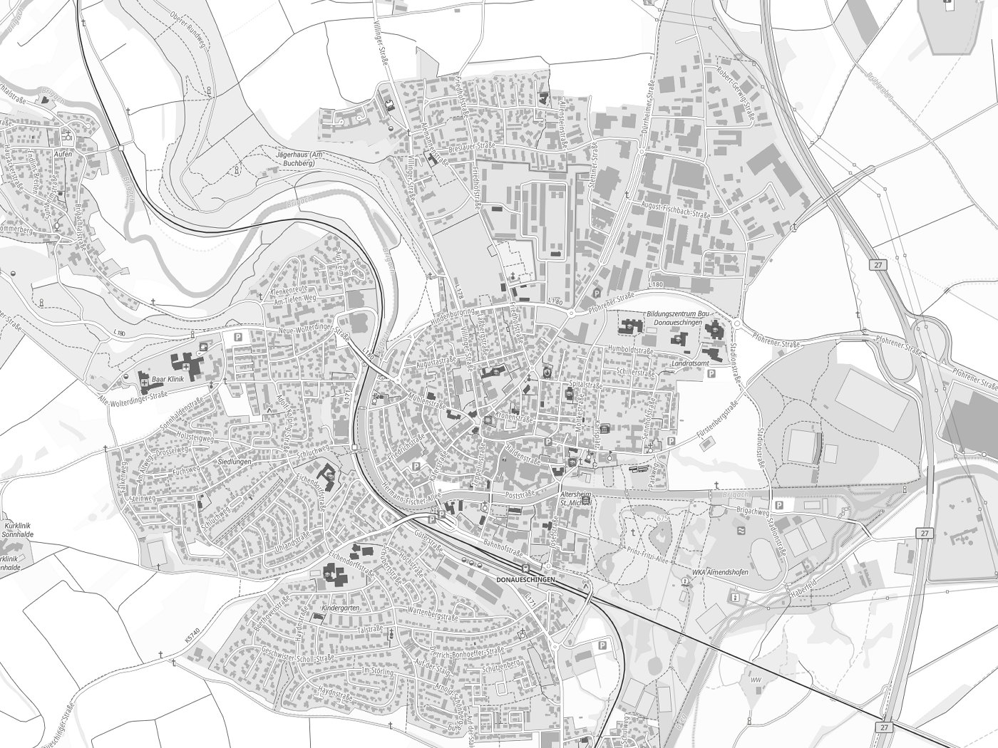 Kartenausschnitt Donaueschingen mit Gewässern