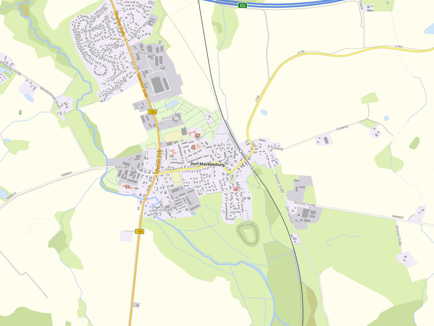 Kartenausschnitt Dorf Mecklenburg mit Gewässern