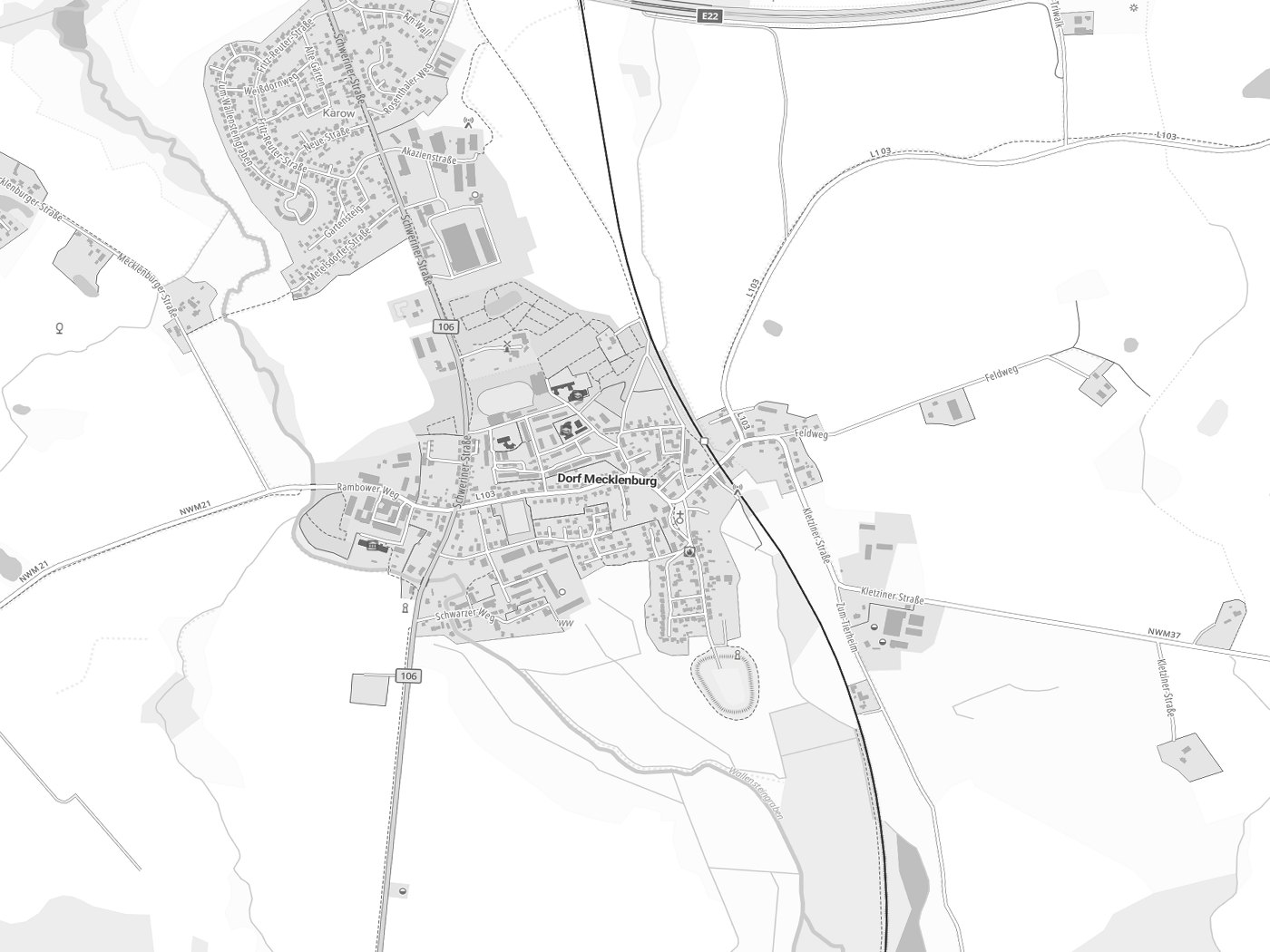 Kartenausschnitt Dorf Mecklenburg mit Gewässern