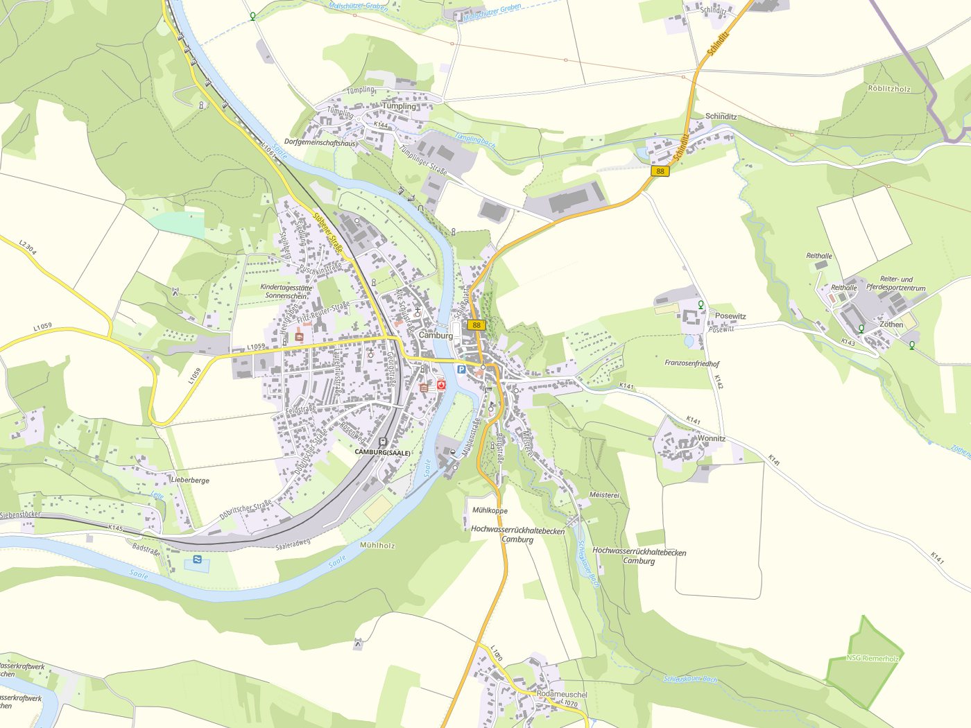 Kartenausschnitt Dornburg-Camburg mit Gewässern