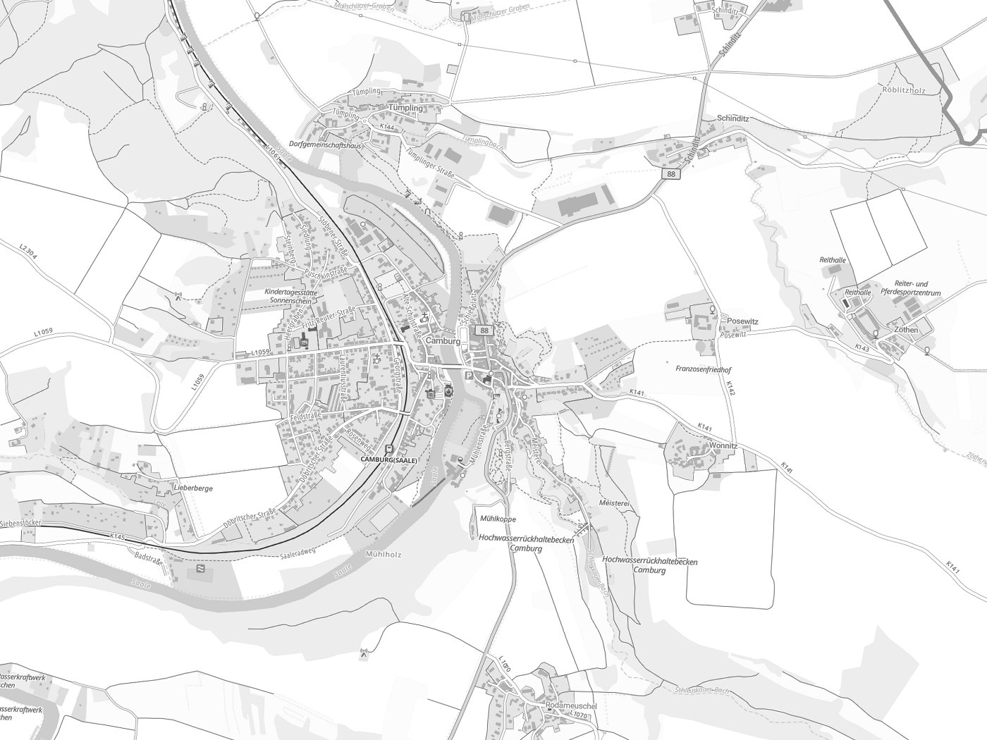 Kartenausschnitt Dornburg-Camburg mit Gewässern