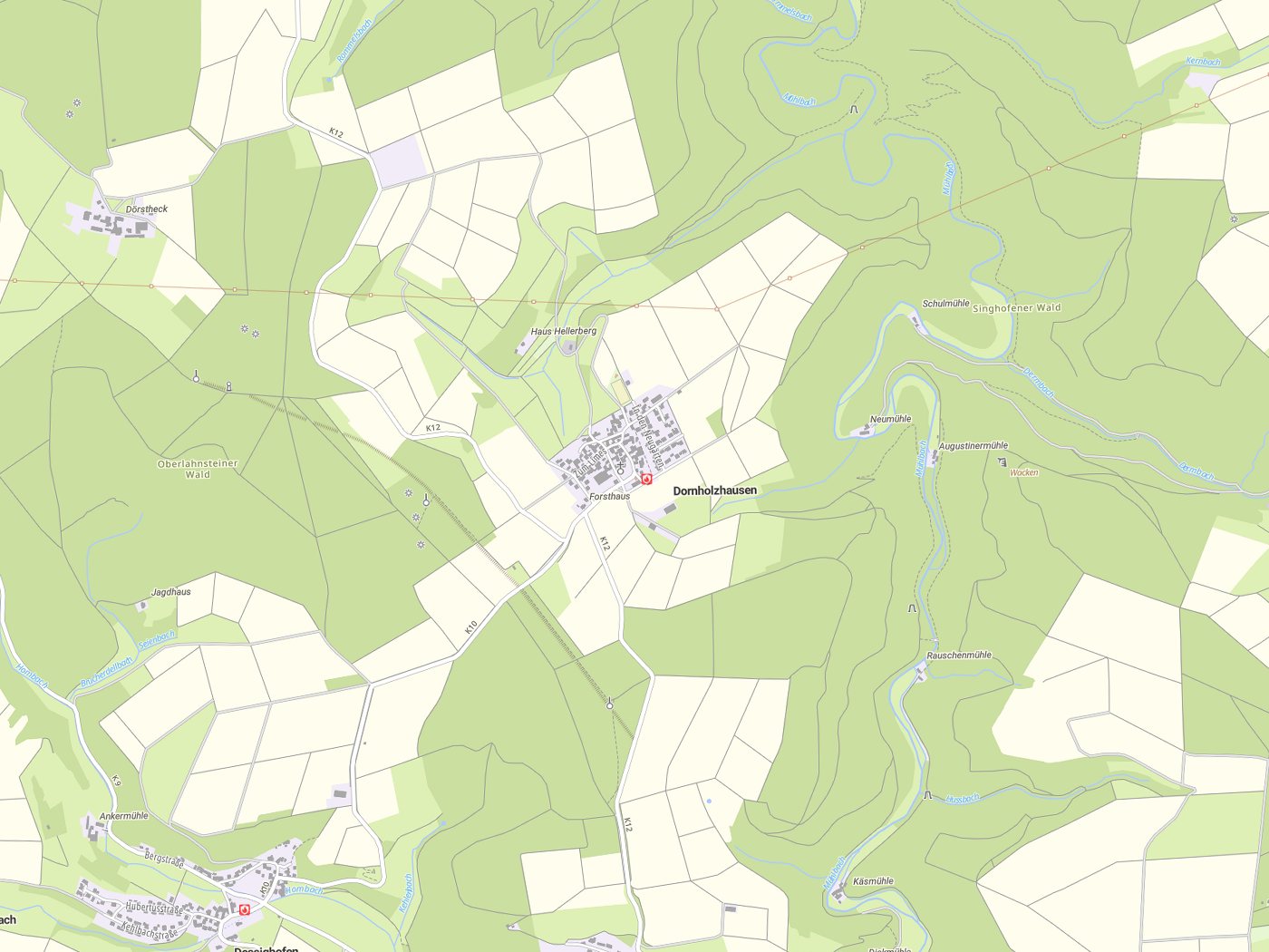Kartenausschnitt Dornholzhausen mit Gewässern