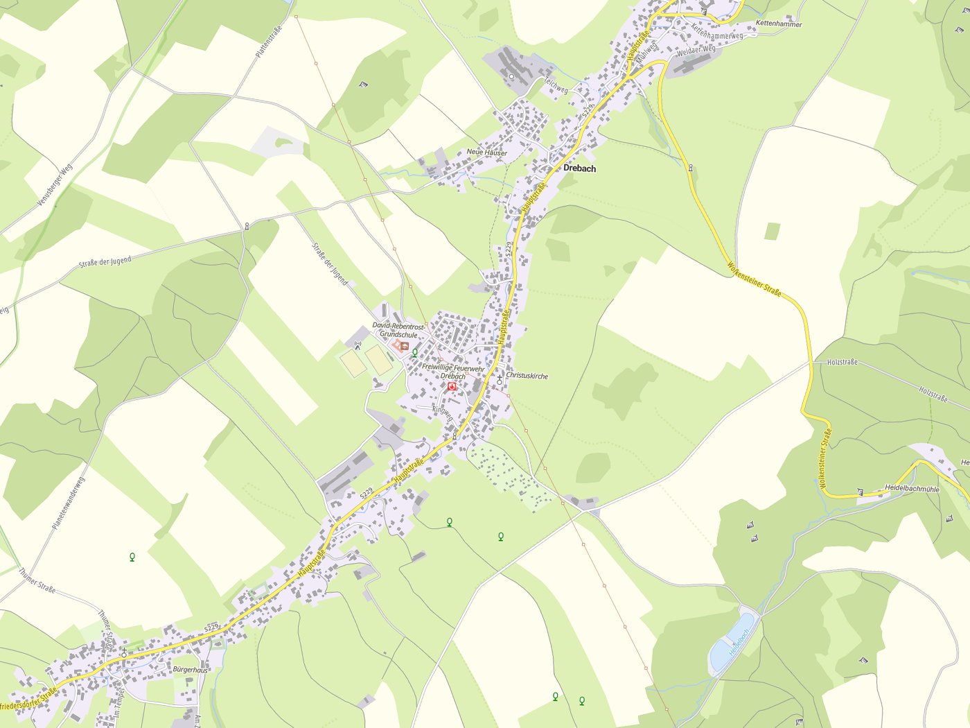 Kartenausschnitt Drebach mit Gewässern