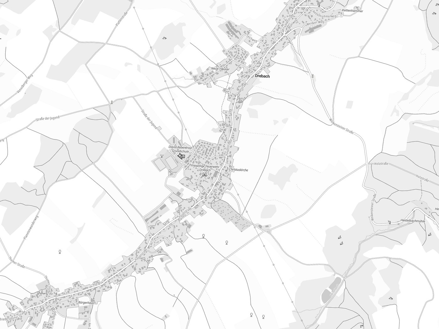 Kartenausschnitt Drebach mit Gewässern