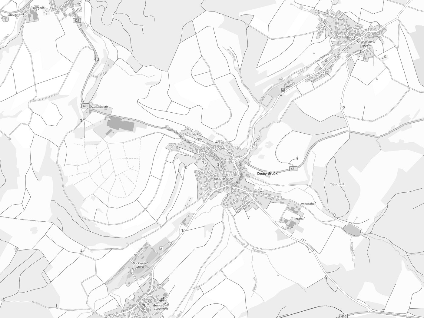 Kartenausschnitt Dreis-Brück mit Gewässern