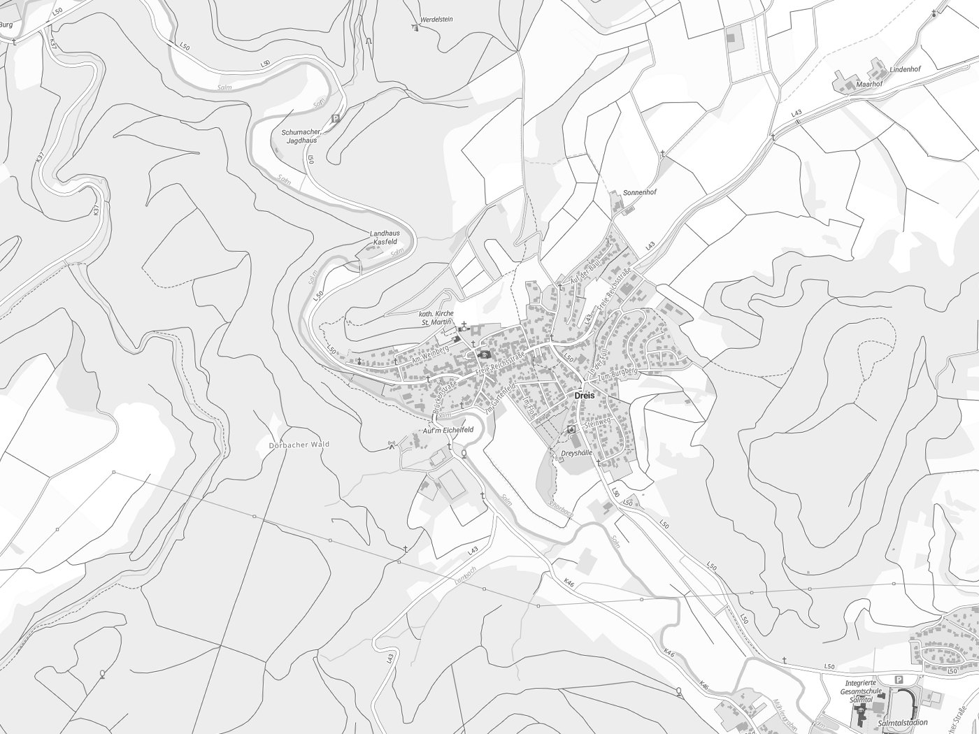 Kartenausschnitt Dreis mit Gewässern