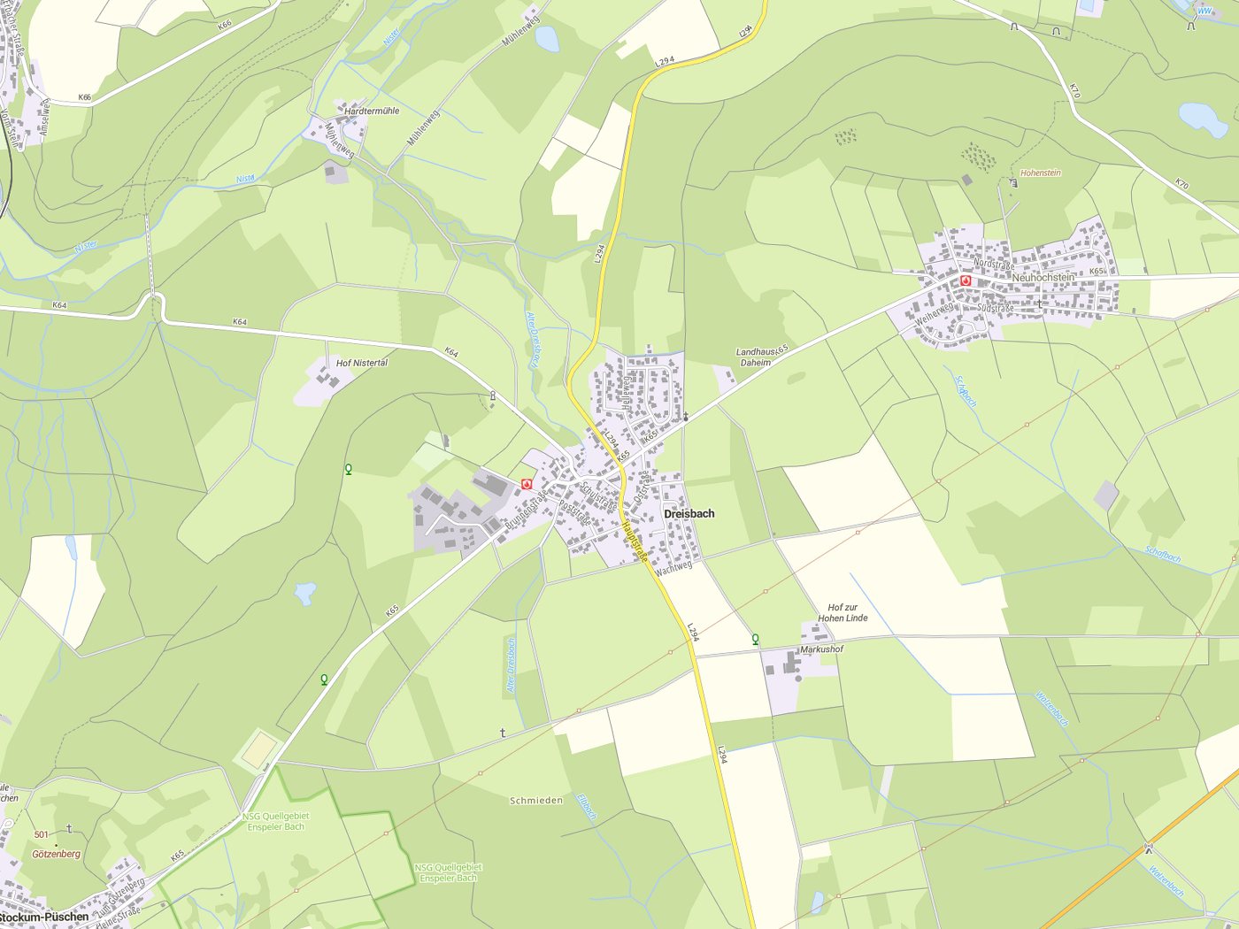 Kartenausschnitt Dreisbach mit Gewässern