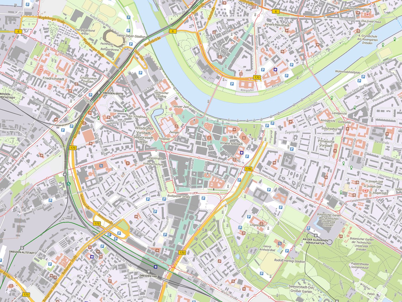 Kartenausschnitt Dresden mit Gewässern