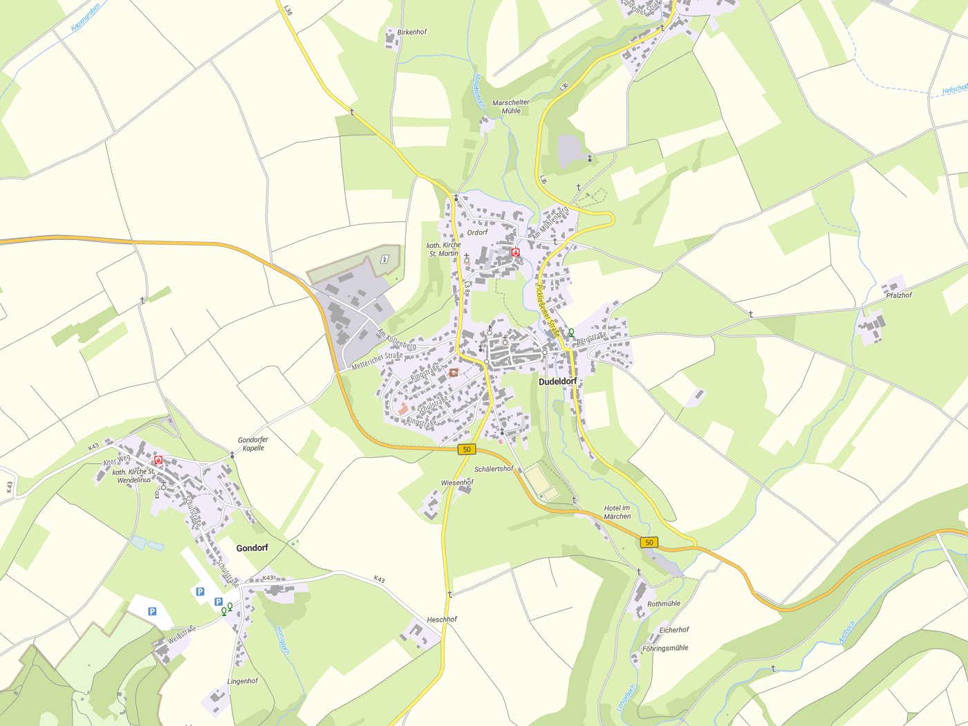 Kartenausschnitt Dudeldorf mit Gewässern