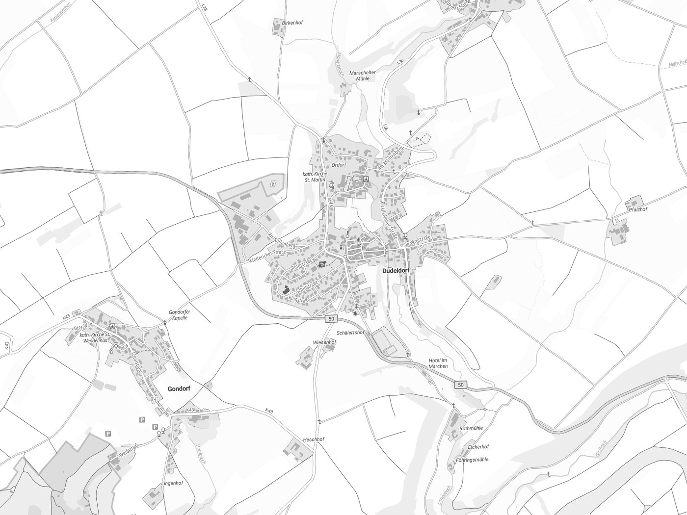 Kartenausschnitt Dudeldorf mit Gewässern
