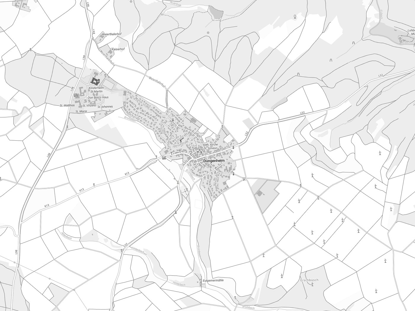 Kartenausschnitt Düngenheim mit Gewässern