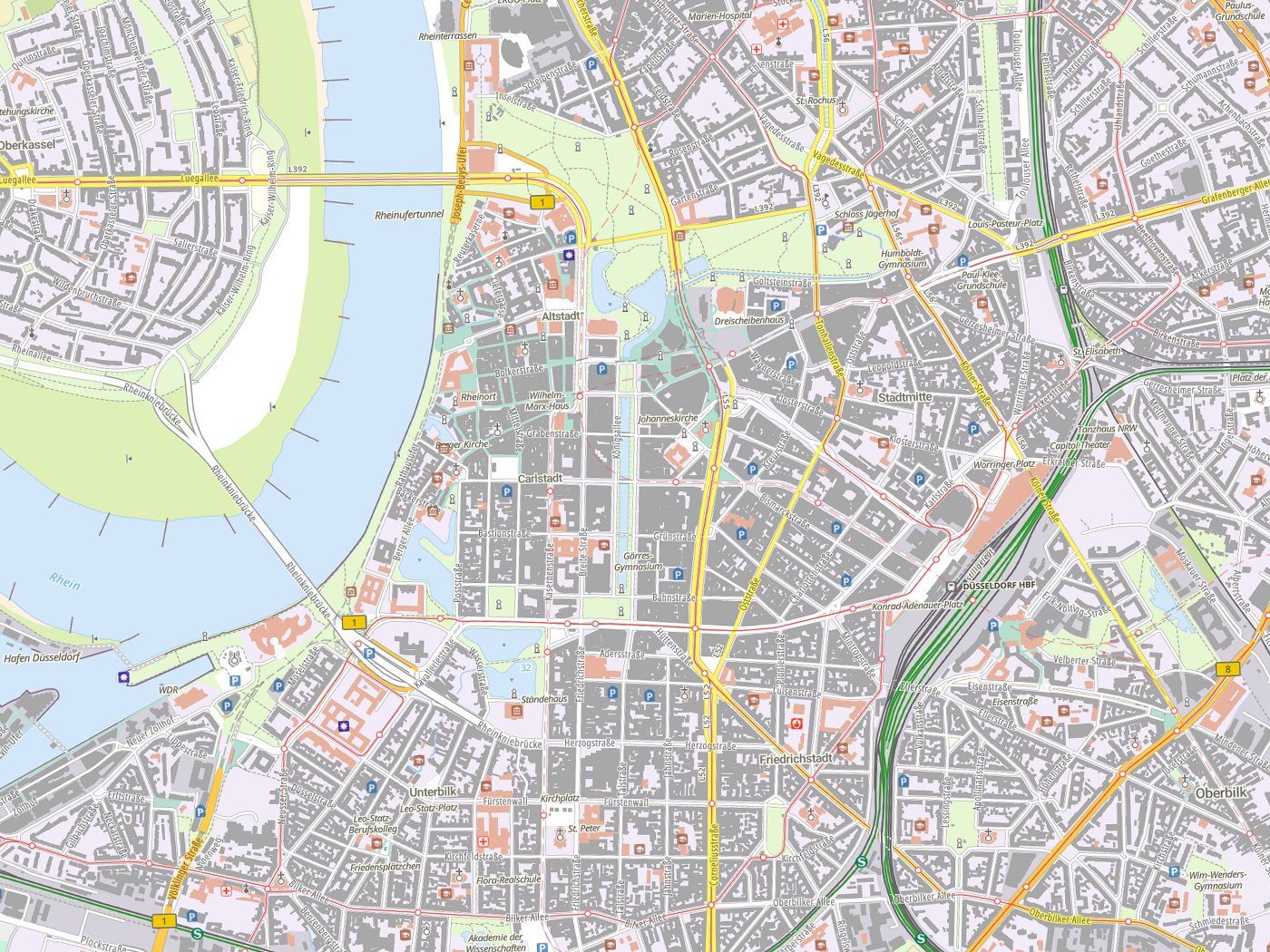 Kartenausschnitt Düsseldorf mit Gewässern