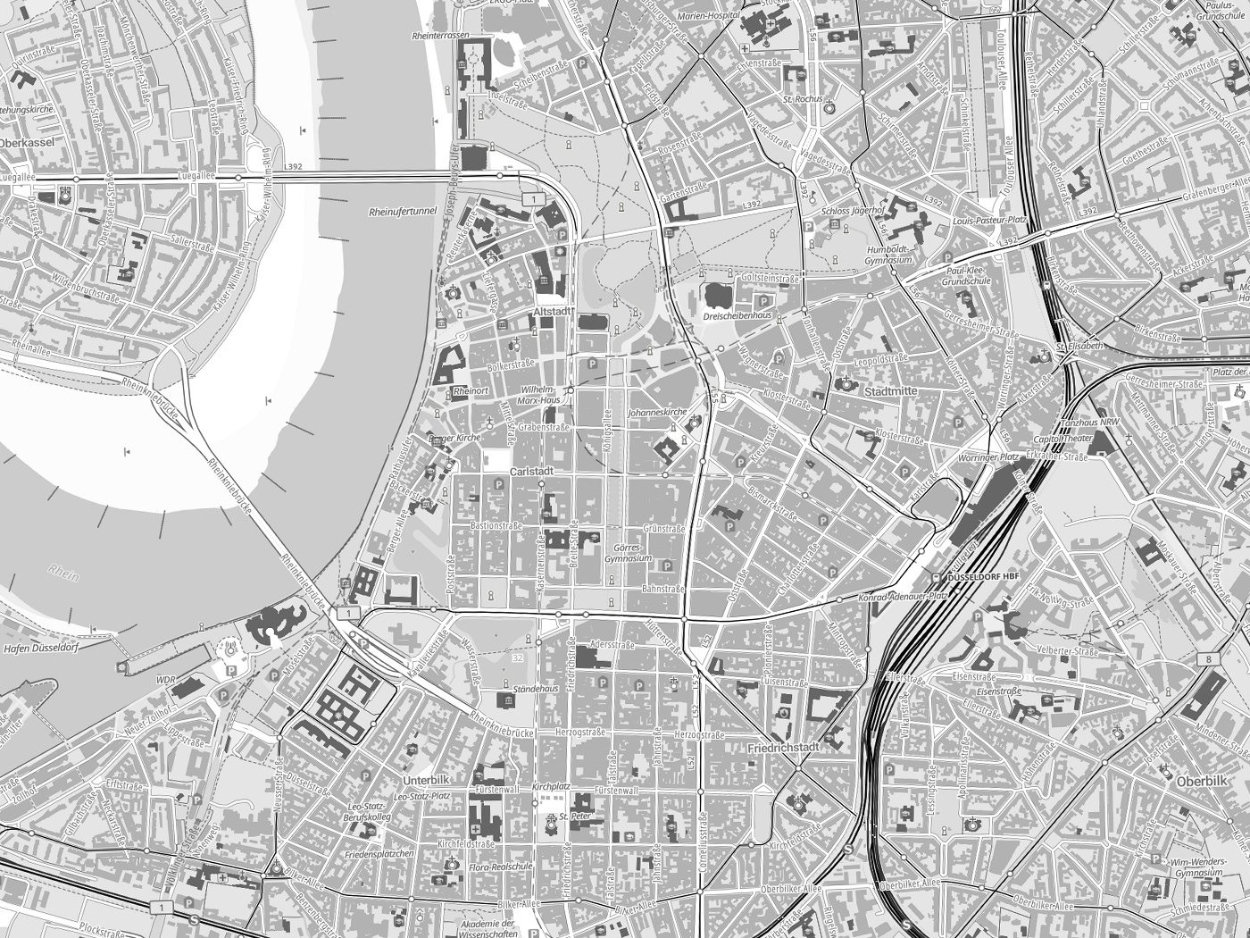 Kartenausschnitt Düsseldorf mit Gewässern