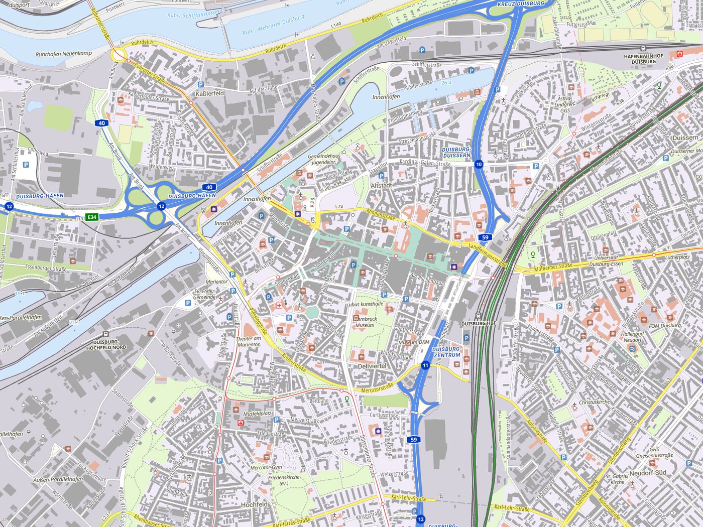 Kartenausschnitt Duisburg mit Gewässern