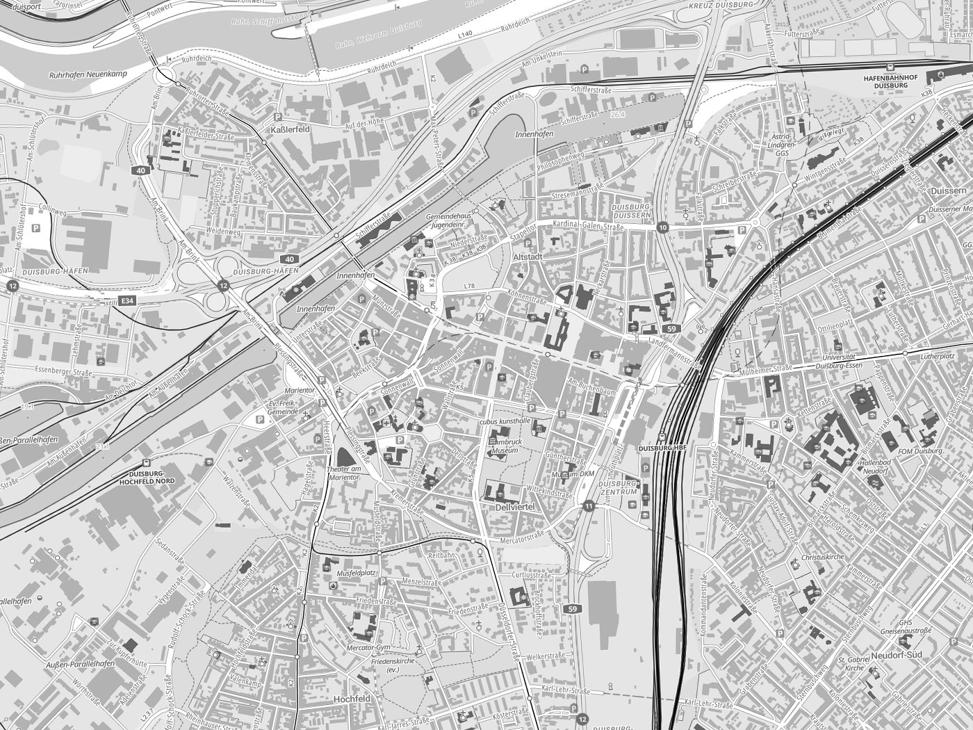 Kartenausschnitt Duisburg mit Gewässern
