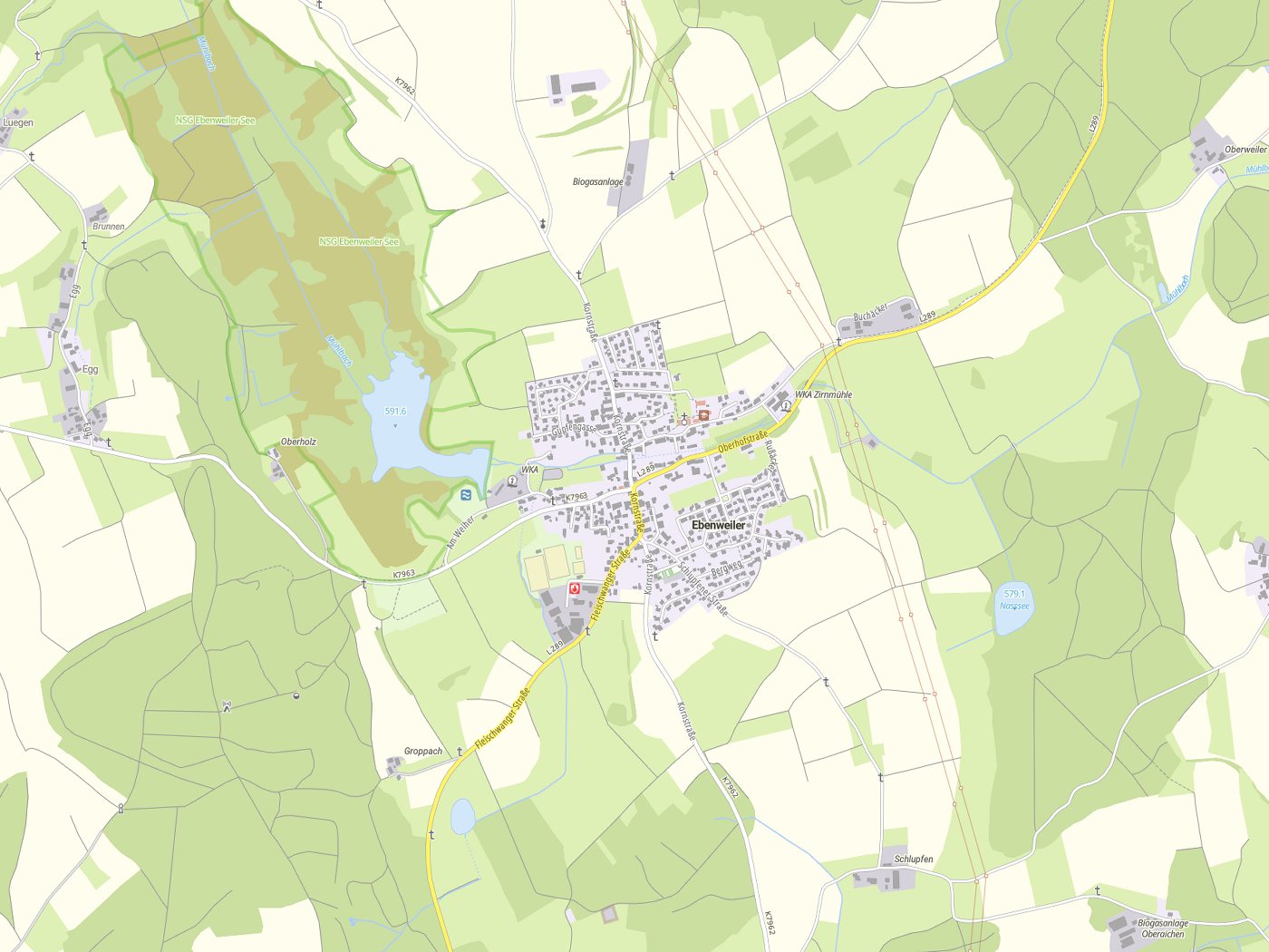 Kartenausschnitt Ebenweiler mit Gewässern
