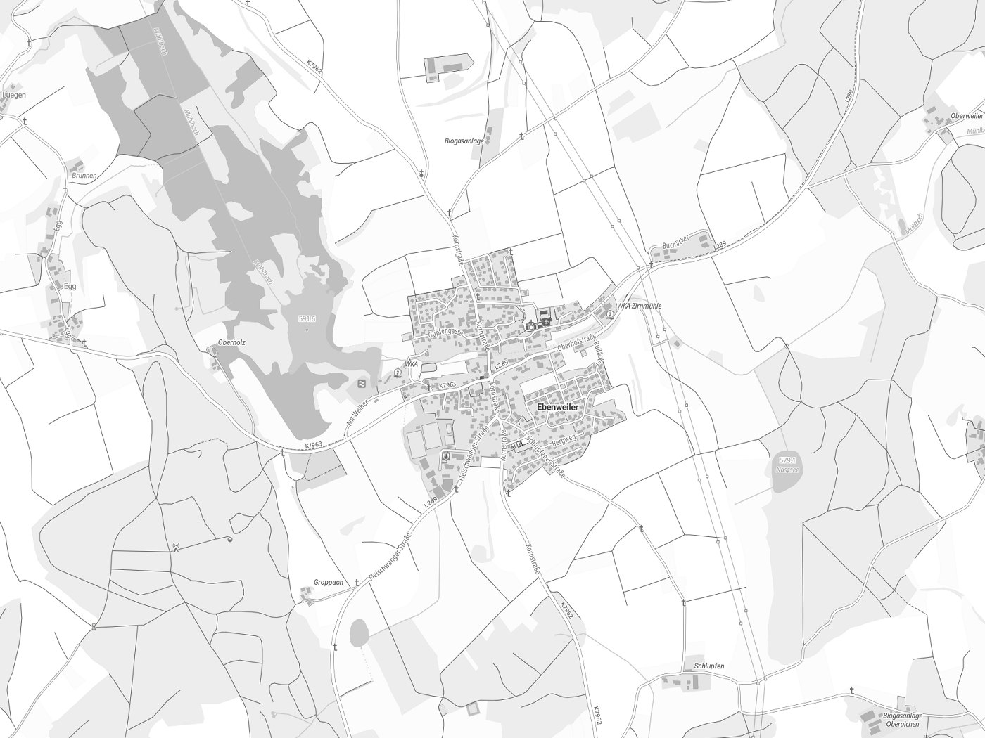 Kartenausschnitt Ebenweiler mit Gewässern