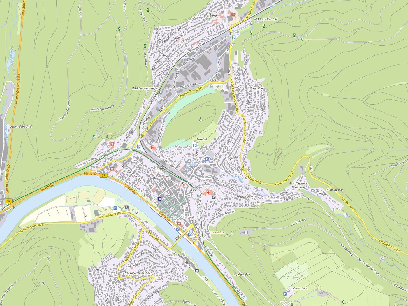 Kartenausschnitt Eberbach mit Gewässern