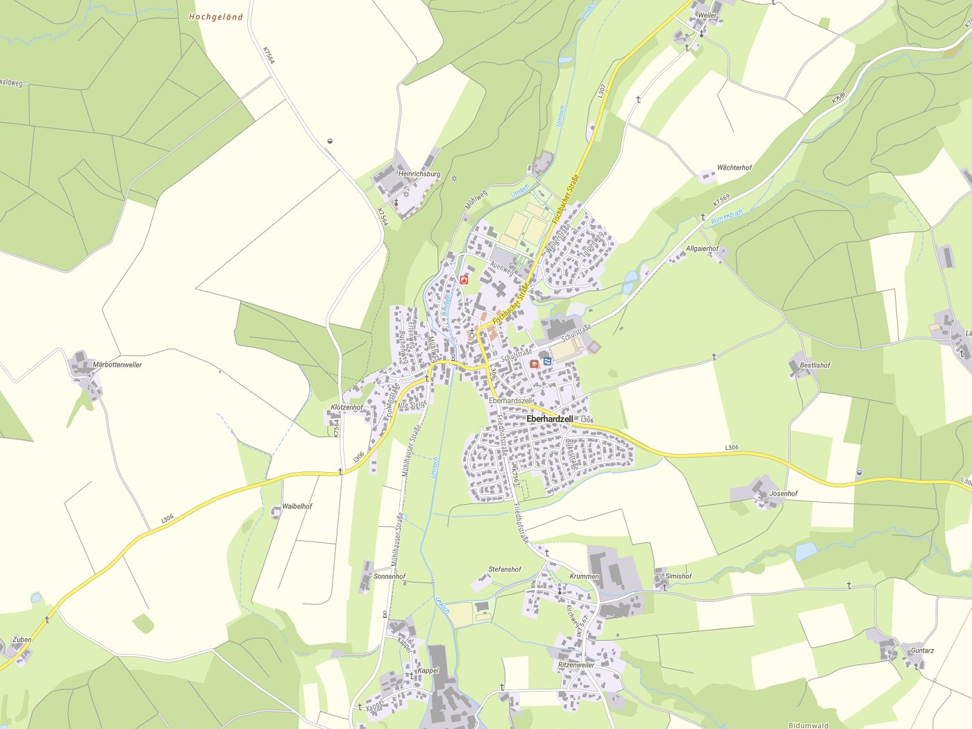 Kartenausschnitt Eberhardzell mit Gewässern