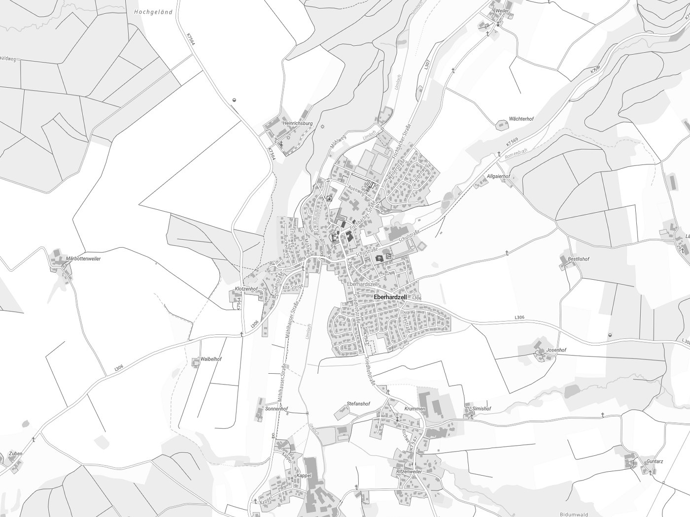 Kartenausschnitt Eberhardzell mit Gewässern
