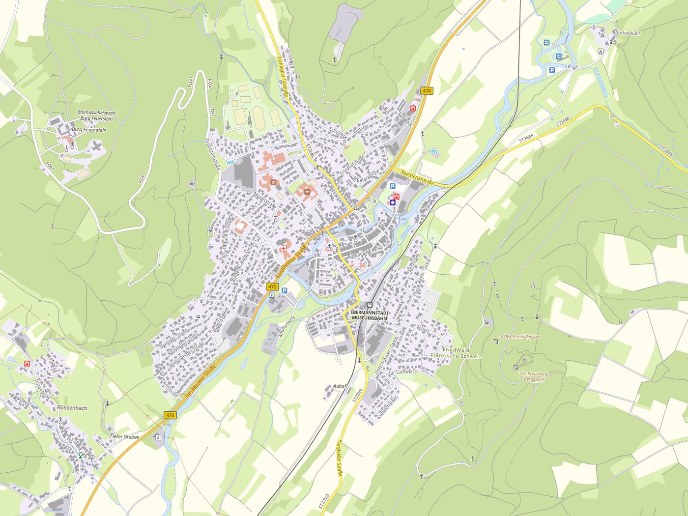 Kartenausschnitt Ebermannstadt mit Gewässern