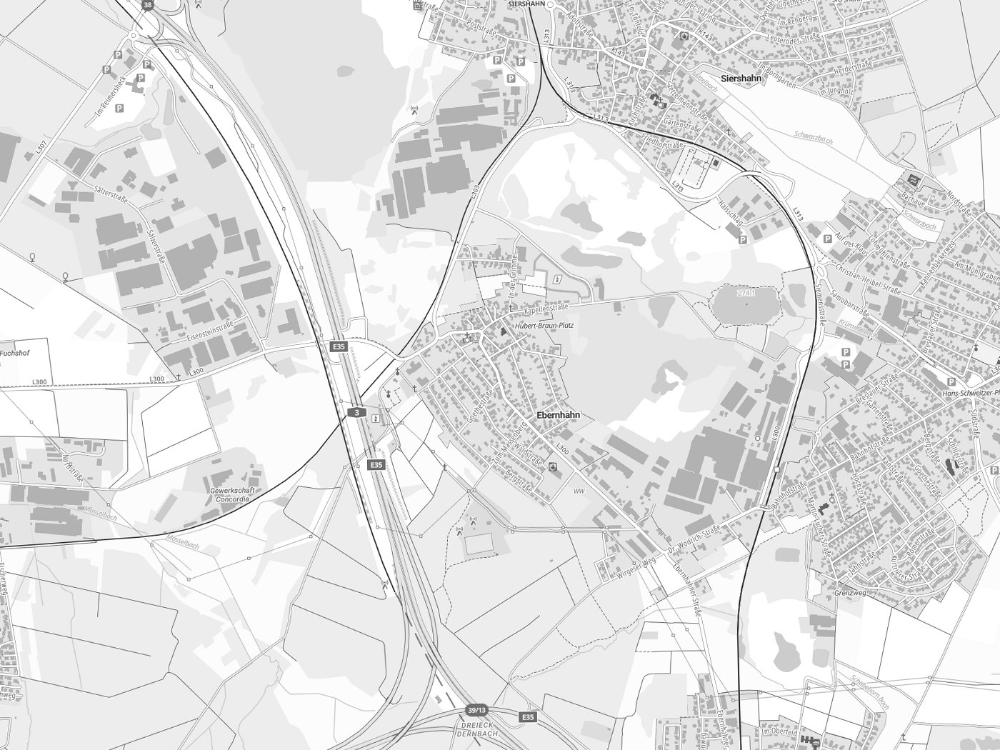 Kartenausschnitt Ebernhahn mit Gewässern