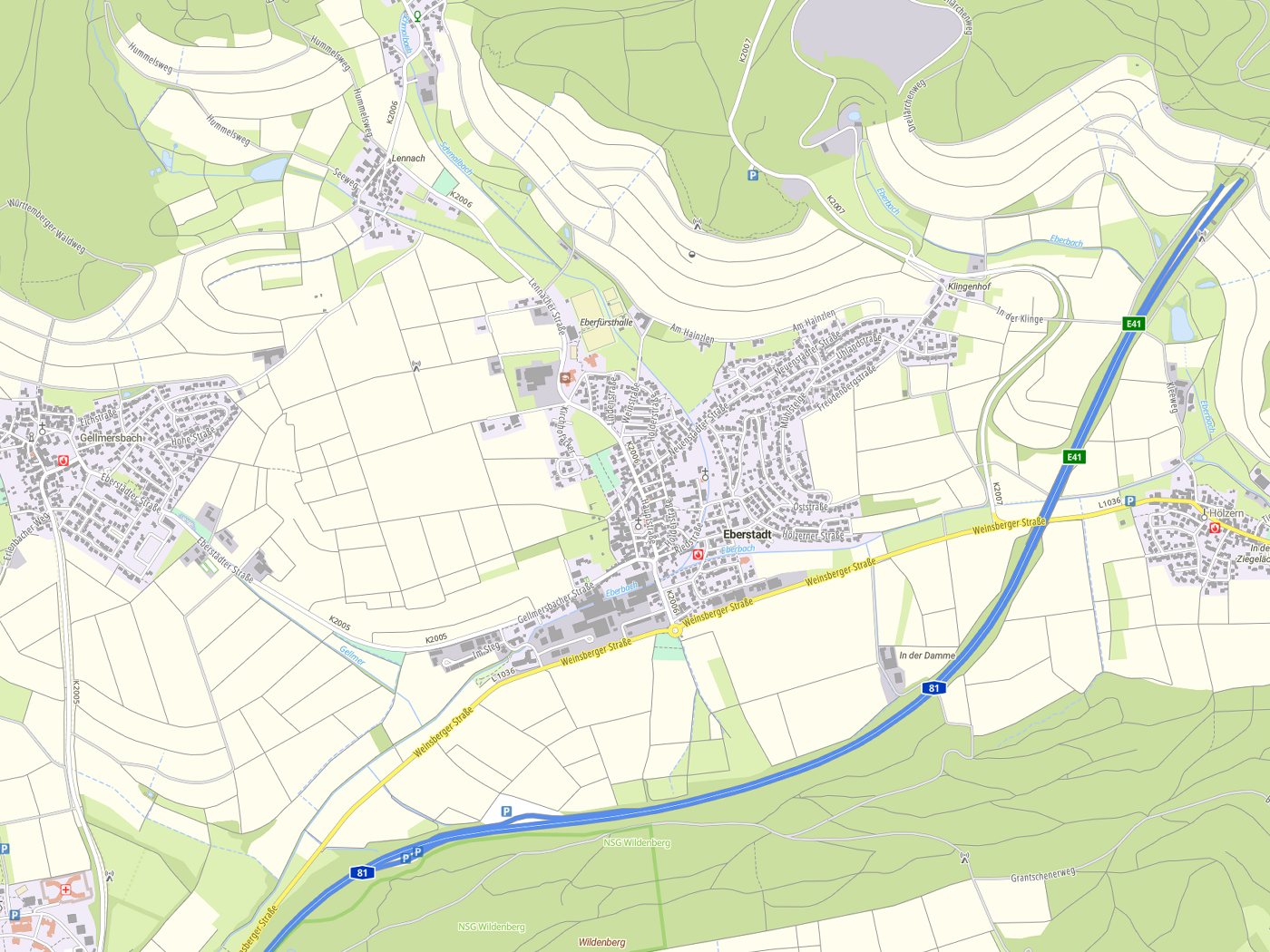 Kartenausschnitt Eberstadt mit Gewässern