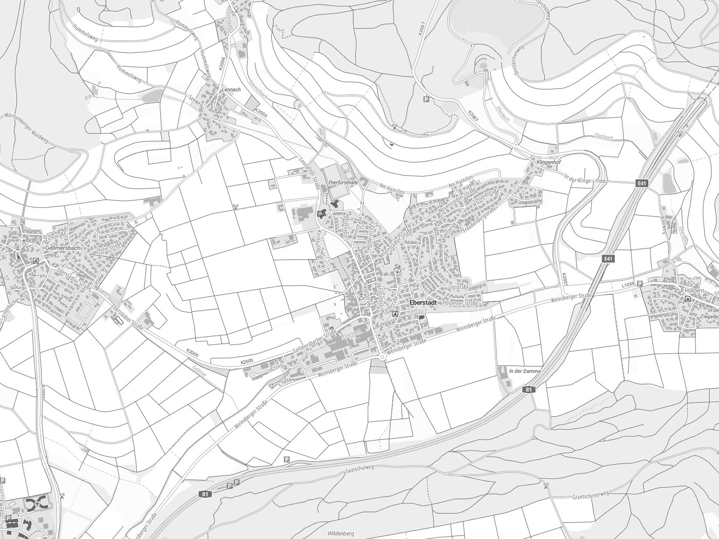 Kartenausschnitt Eberstadt mit Gewässern