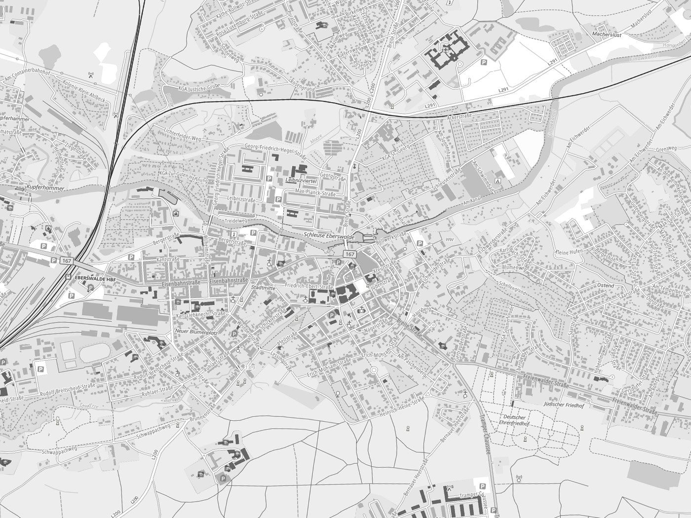 Kartenausschnitt Eberswalde mit Gewässern