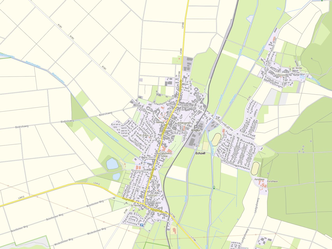 Kartenausschnitt Echzell mit Gewässern