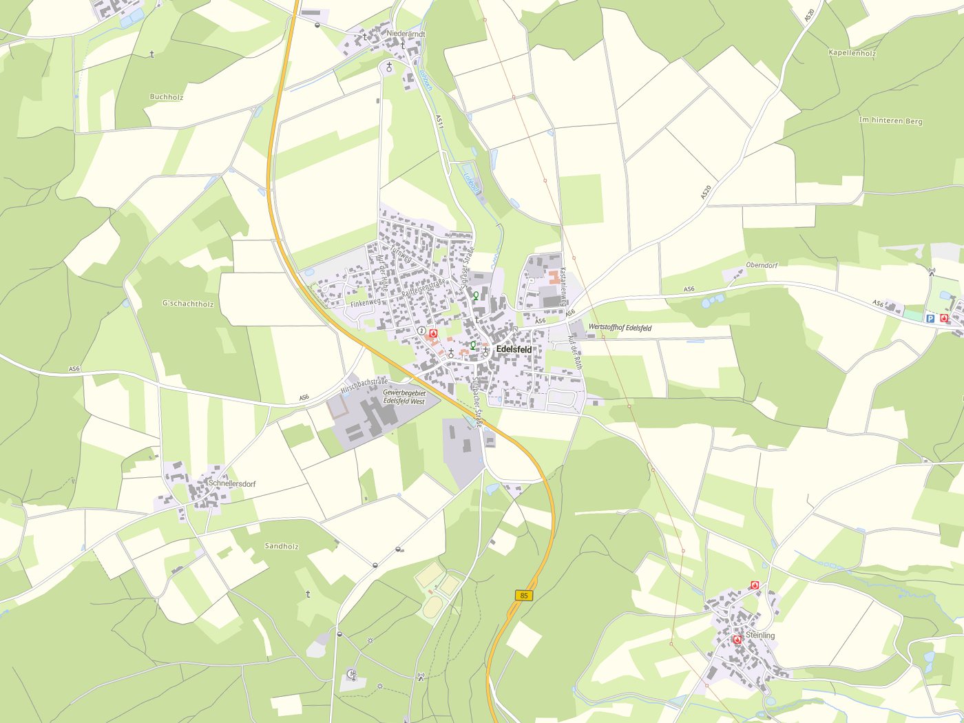 Kartenausschnitt Edelsfeld mit Gewässern