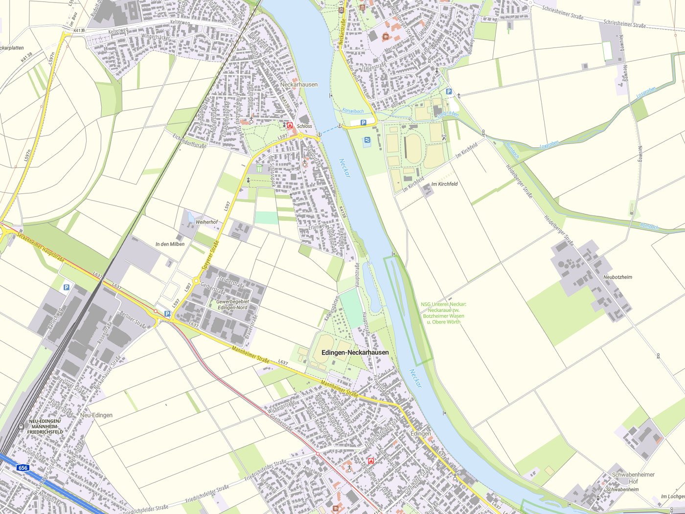 Kartenausschnitt Edingen-Neckarhausen mit Gewässern