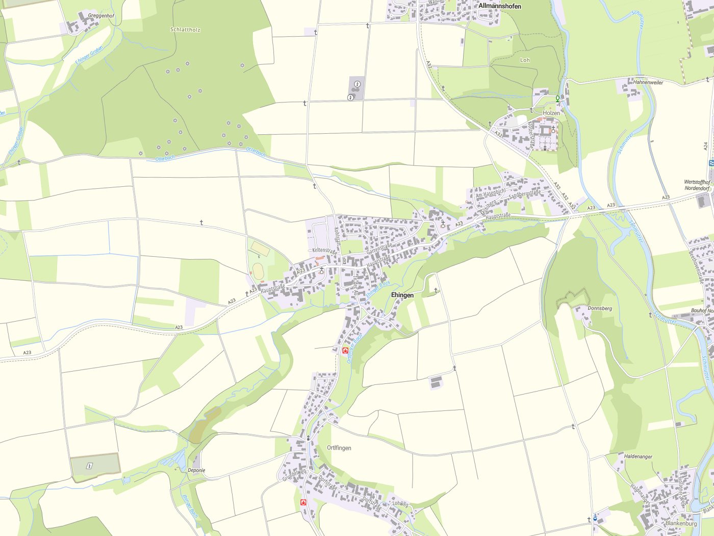 Kartenausschnitt Ehingen mit Gewässern