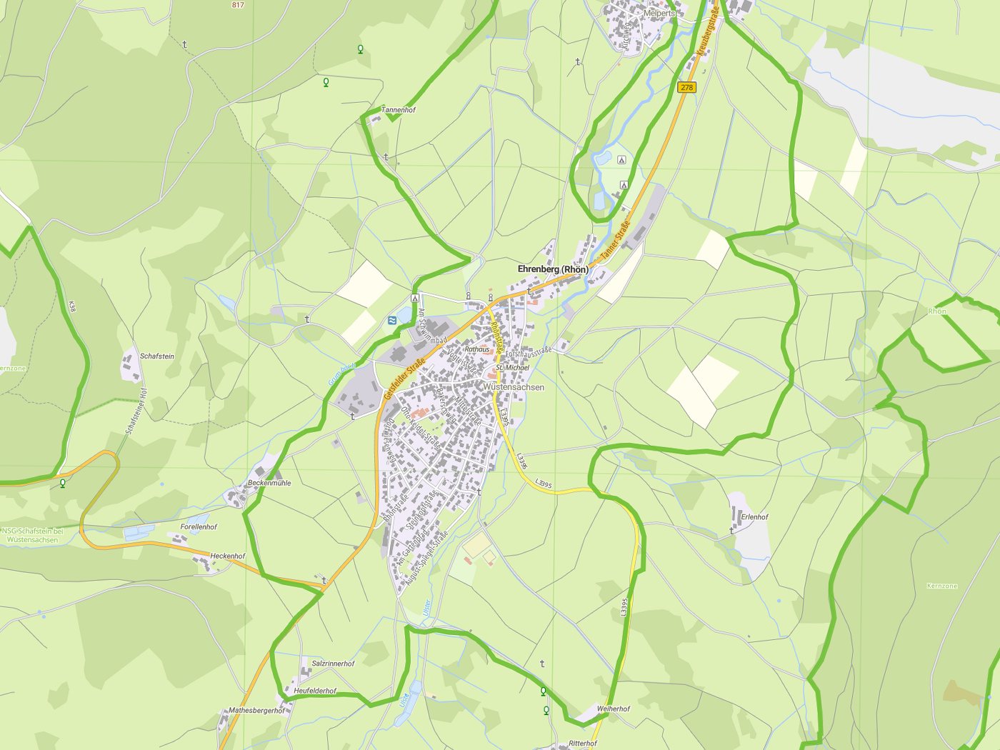Kartenausschnitt Ehrenberg (Rhön) mit Gewässern