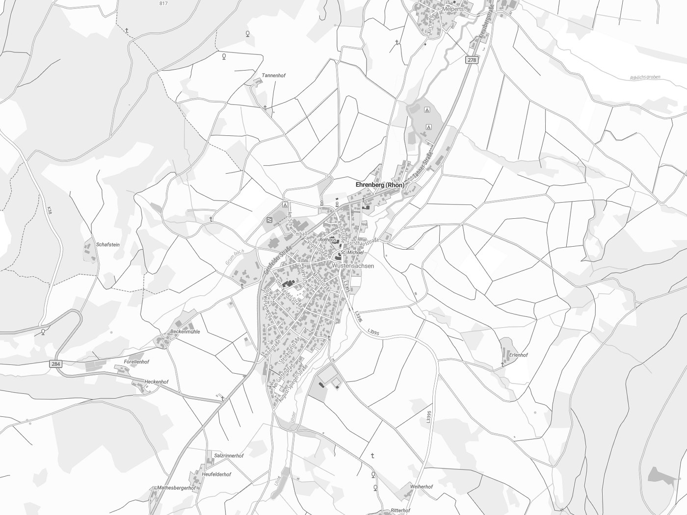 Kartenausschnitt Ehrenberg (Rhön) mit Gewässern