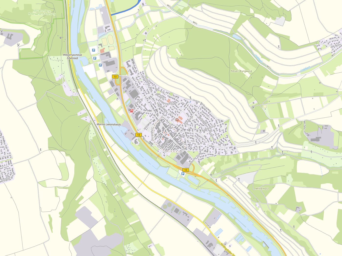 Kartenausschnitt Eibelstadt mit Gewässern