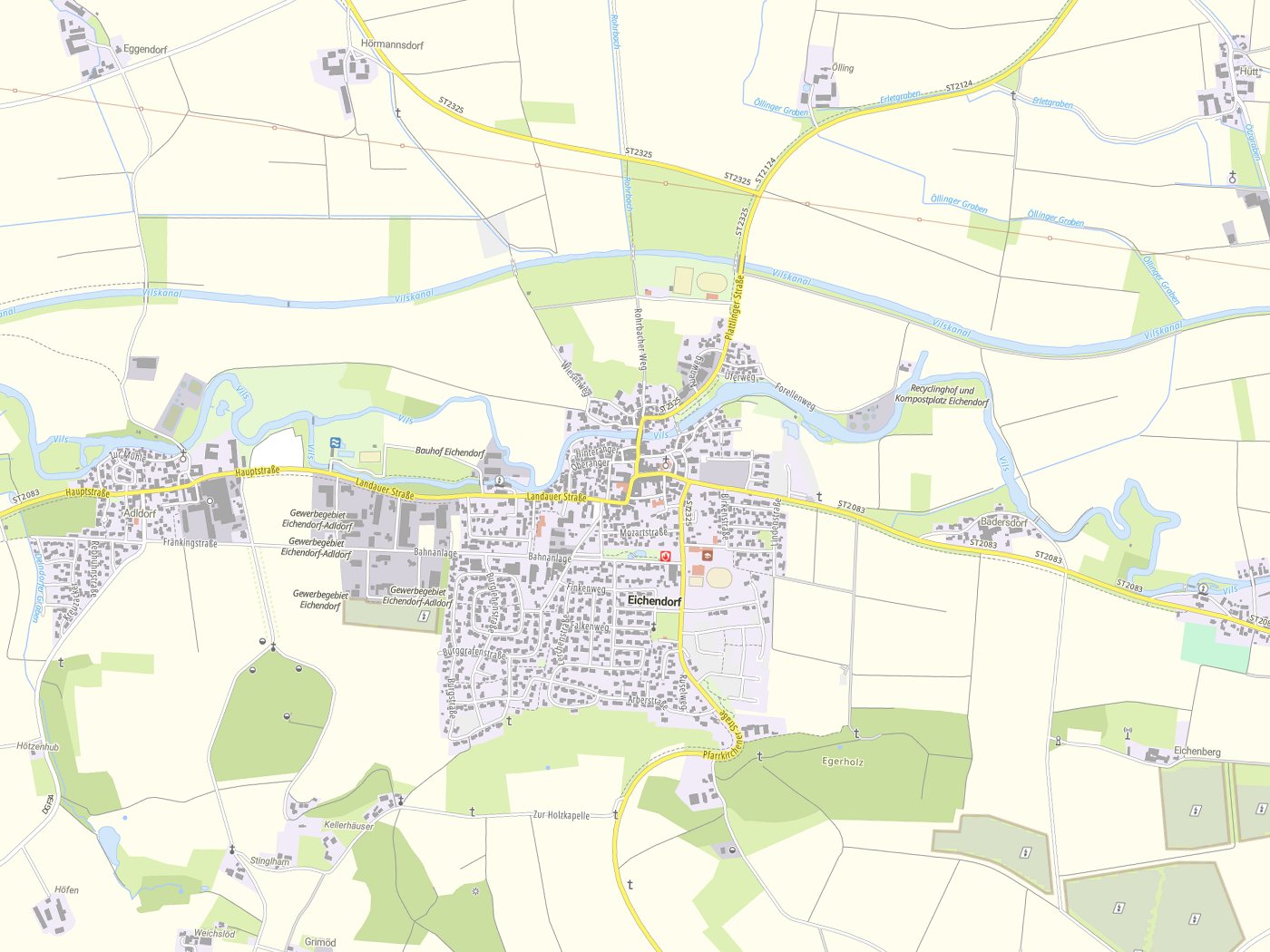 Kartenausschnitt Eichendorf mit Gewässern