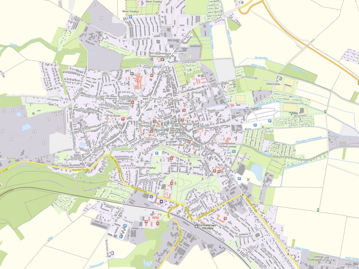 Kartenausschnitt Eisleben Lutherstadt mit Gewässern