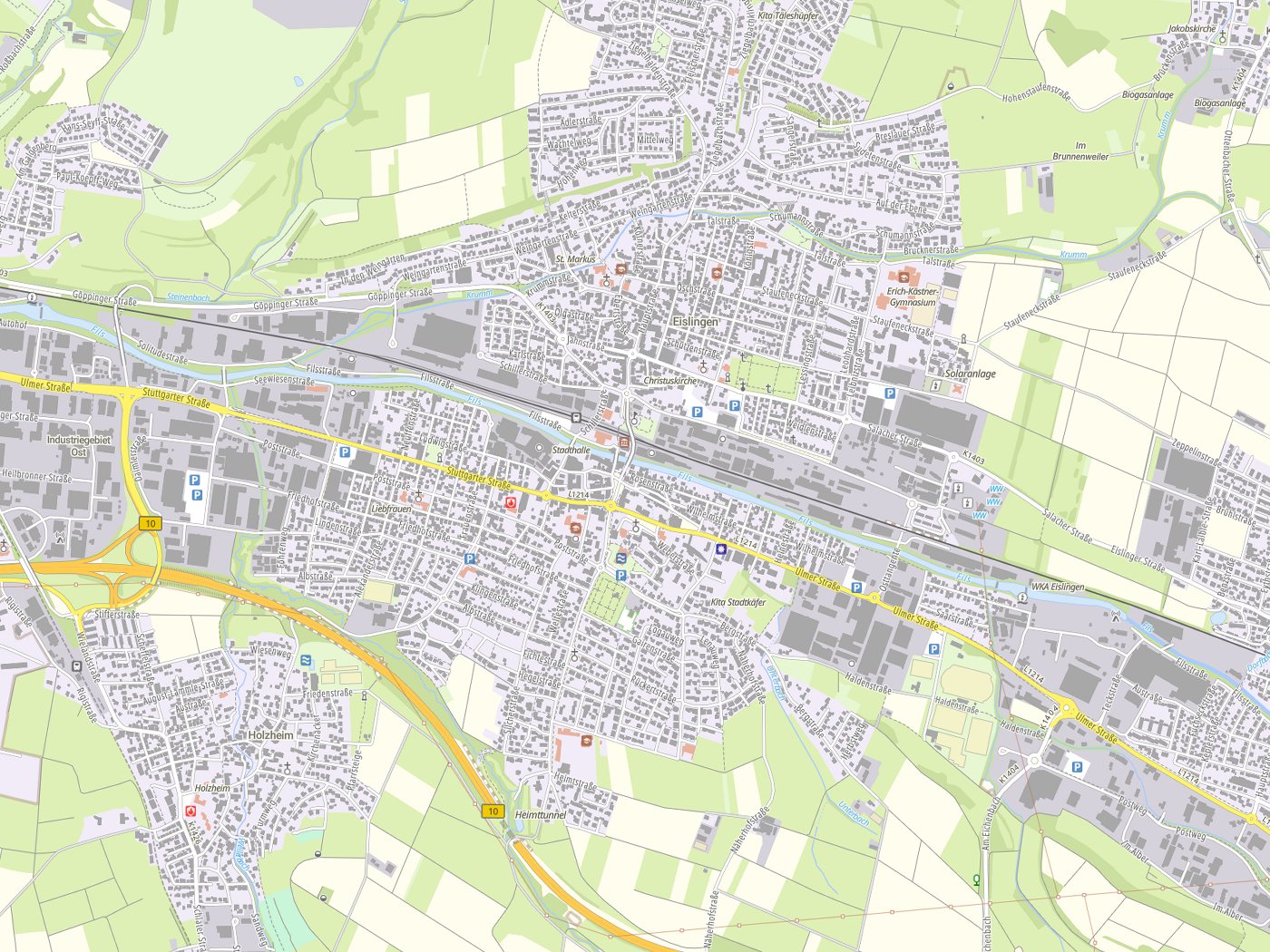 Kartenausschnitt Eislingen mit Gewässern