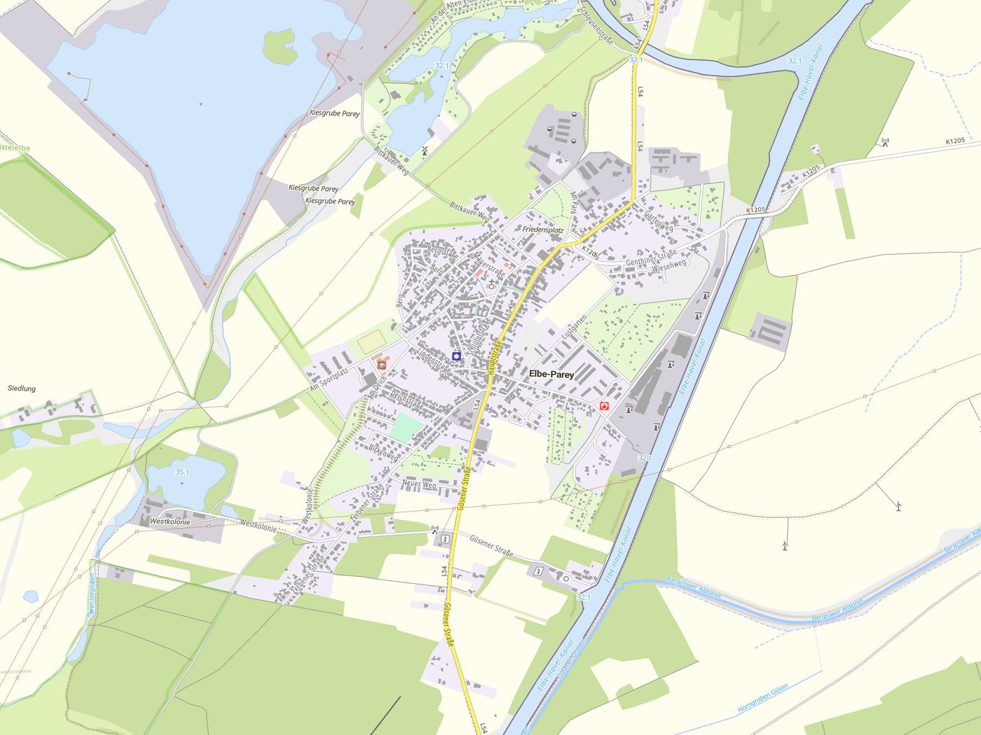 Kartenausschnitt Elbe-Parey mit Gewässern