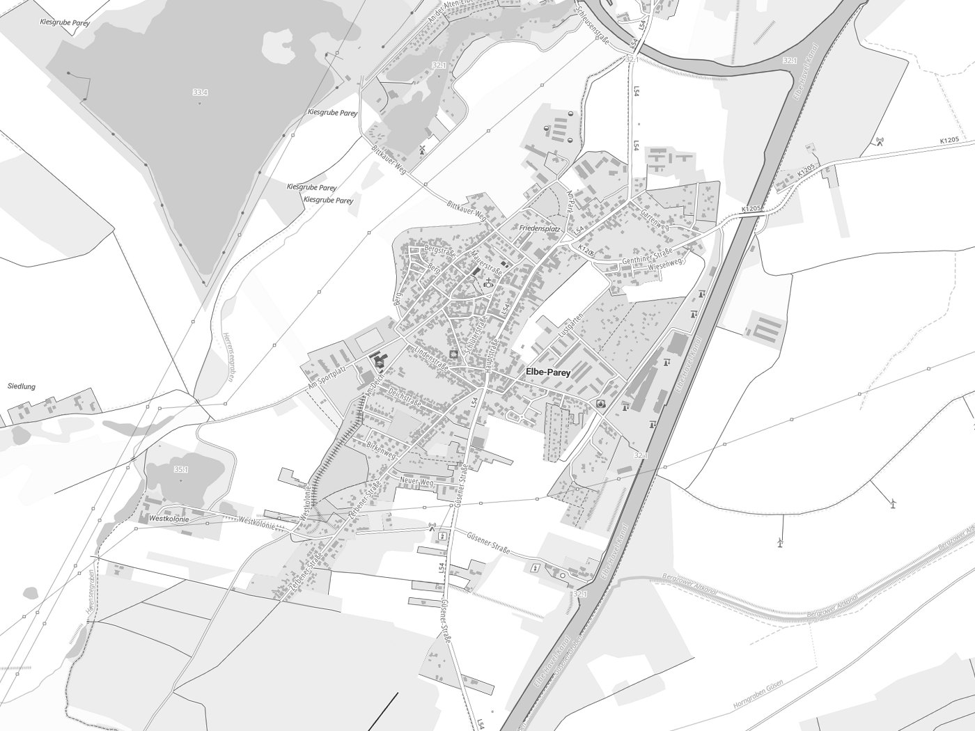 Kartenausschnitt Elbe-Parey mit Gewässern